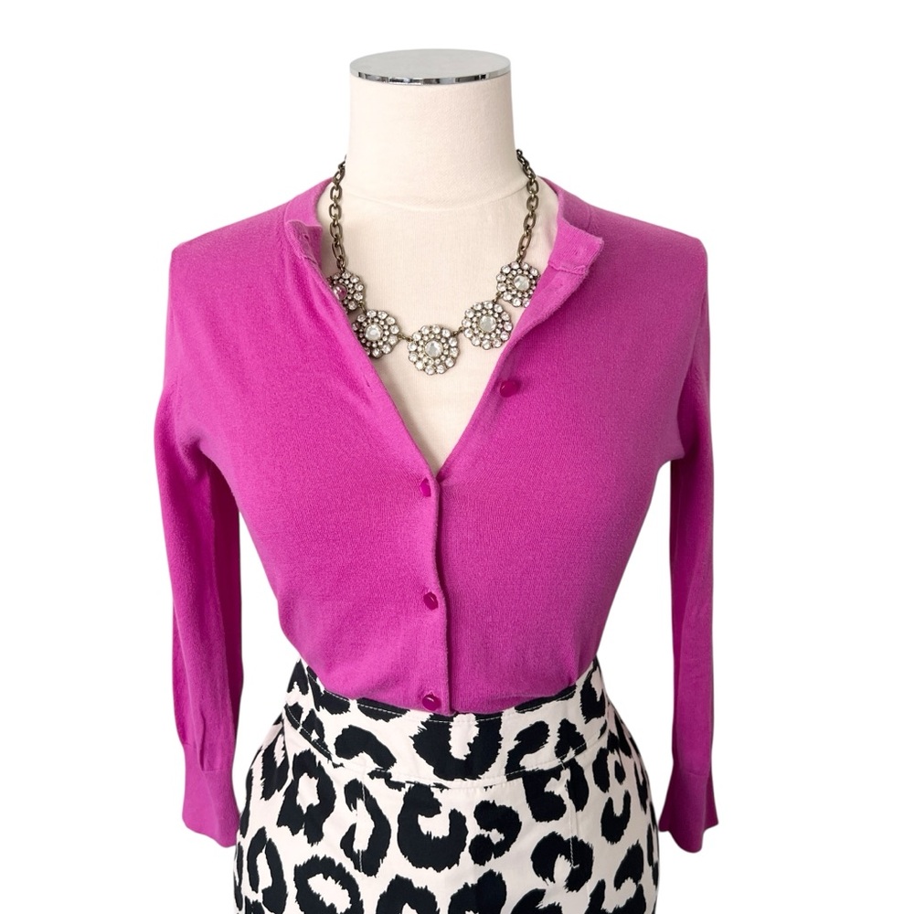 J. CREW FACTORY Pearlescent Button 3/4 Sleeve Cotton Cardigan Fuchsia Purple S